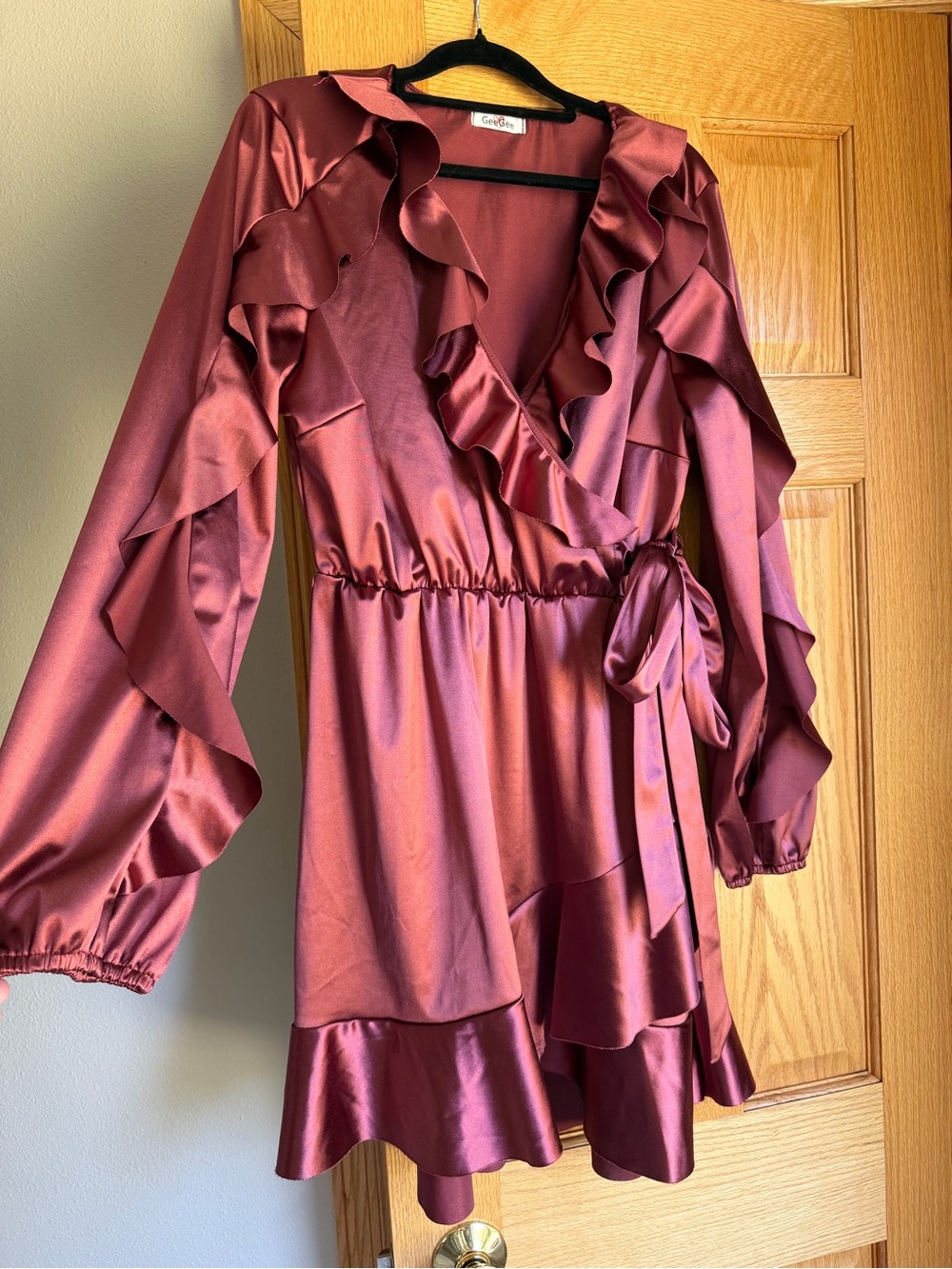 GeeGee Satin Faux Wrap Ruffle Mini Dress Mauve Rose Size Large